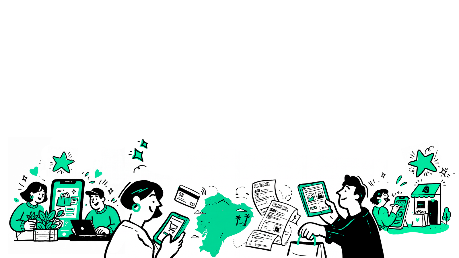 Una compradora hace un pedido desde su celular, el pago se procesa con una tarjeta local en Ecuador y el sistema emite la factura electrónica autorizada por el SRI.