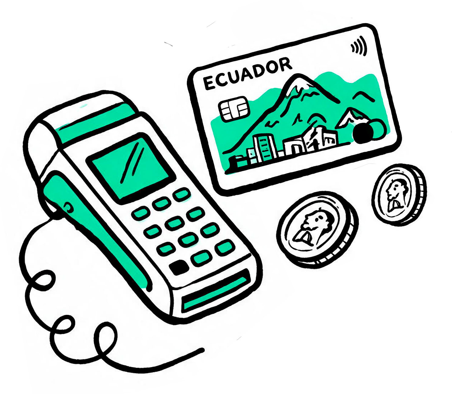 Datáfono junto a una tarjeta bancaria ecuatoriana y monedas de dólar.