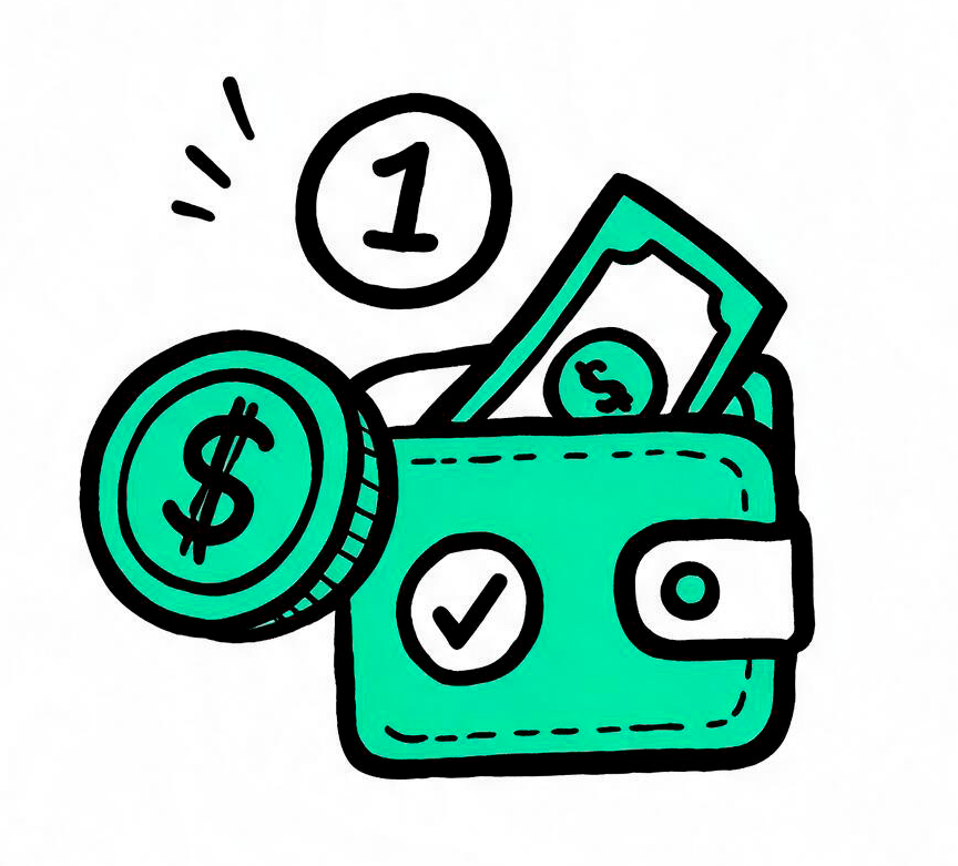 Billetera con billetes, monedas y una insignia con el número uno.