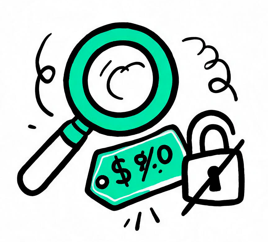 Lupa sobre una etiqueta de precio junto a un candado tachado.